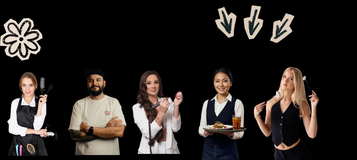 Une coiffeuse, un tatoueur, une prothésiste ongulaire, une serveuse de restaurant et une esthéticienne